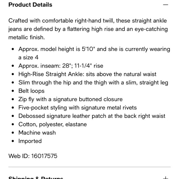 Ralph Lauren Metallic High-Rise Stretch Straight Ankle Jean - Picture 14 of 14